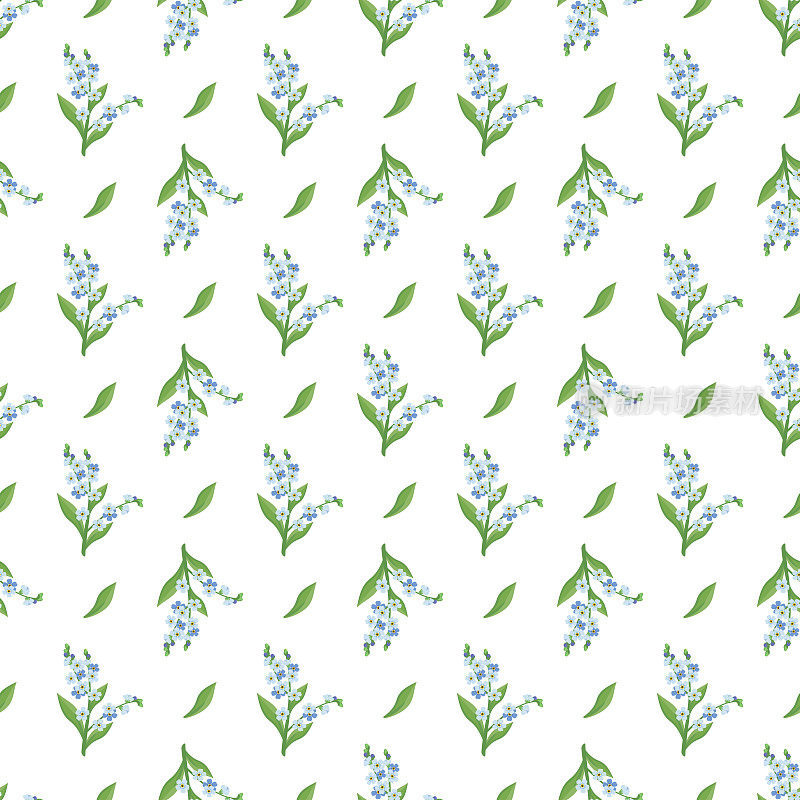 Seamless pattern with small blue勿忘我不花和叶